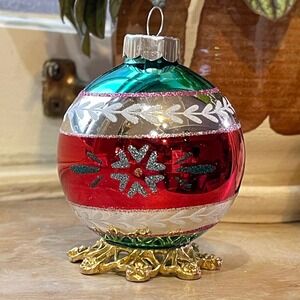 3" Radko Shiny Brite Glitter Flower Heart Ornament Ball Red Pink Teal Silver Mcm